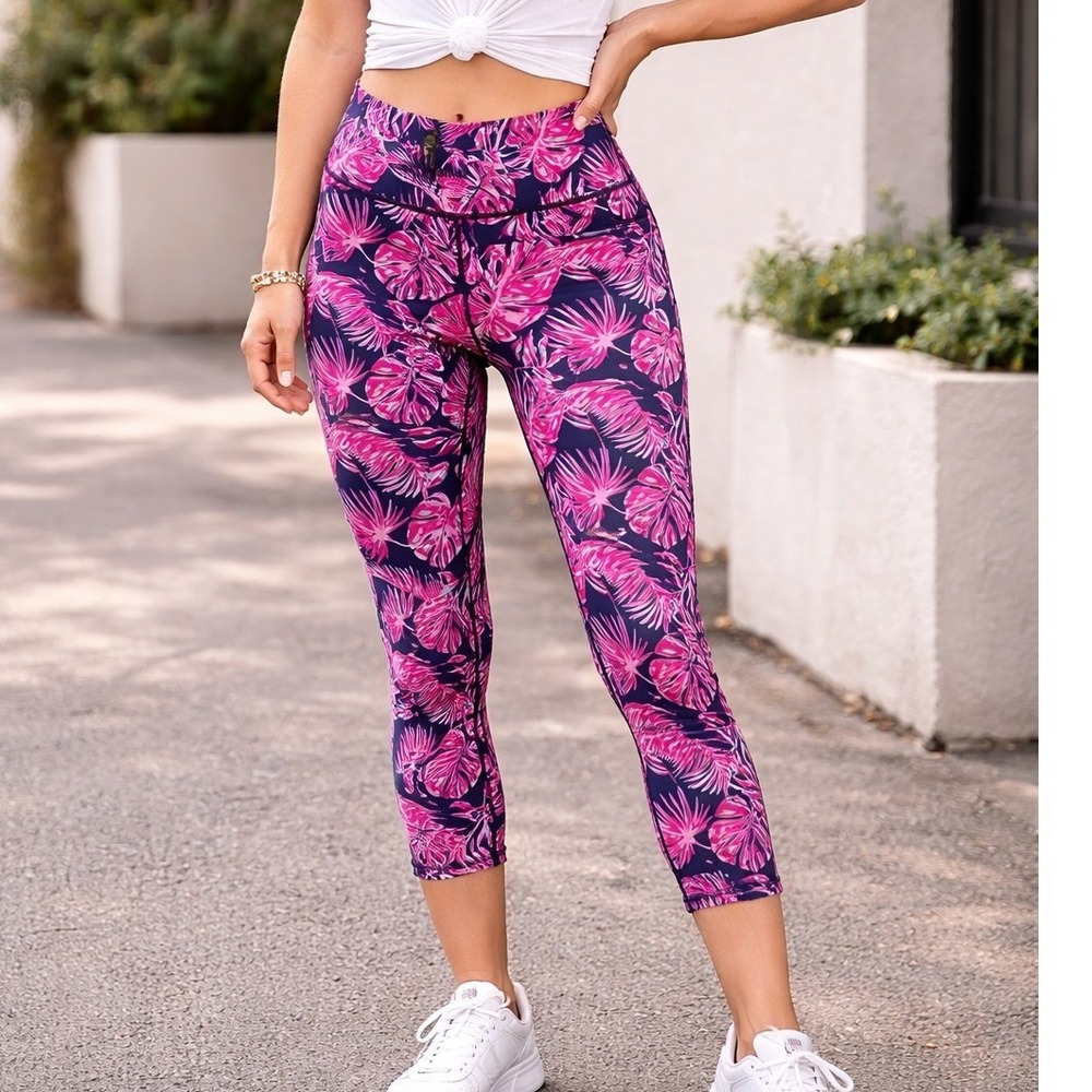 Simply Southern Pink Navy Tropical‎ Palm Monstera Leggings with Pockets Small